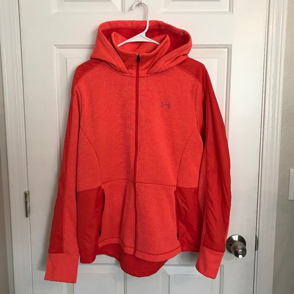 Under Armour Cold Gear Swacket Hooded Jacket Size L Coral Red Orange - Picture 1 of 9